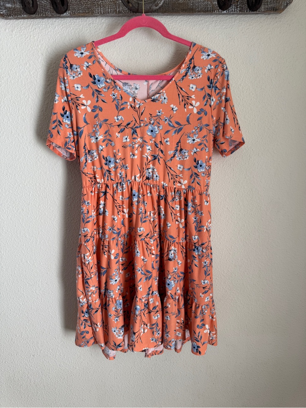 Peach Floral Short-Sleeve Tiered Dress for Girls